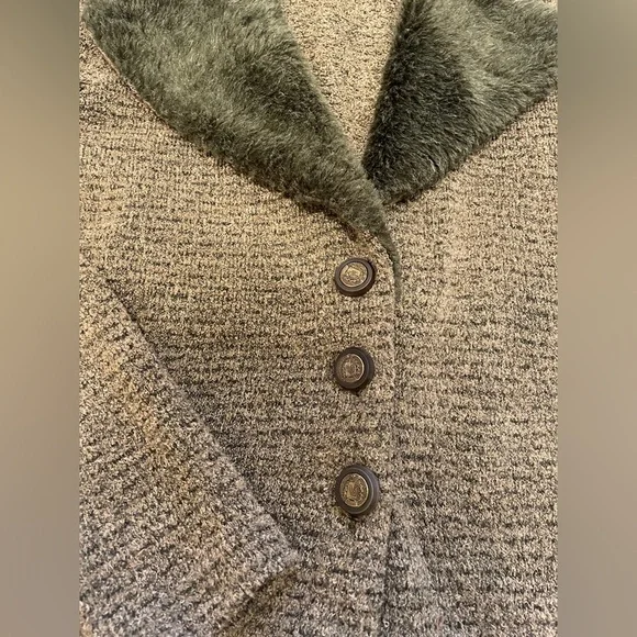 Vintage Green Faux Fur Collar Button Front Knit Cardigan Jacket Khaki Brown - Picture 3 of 6